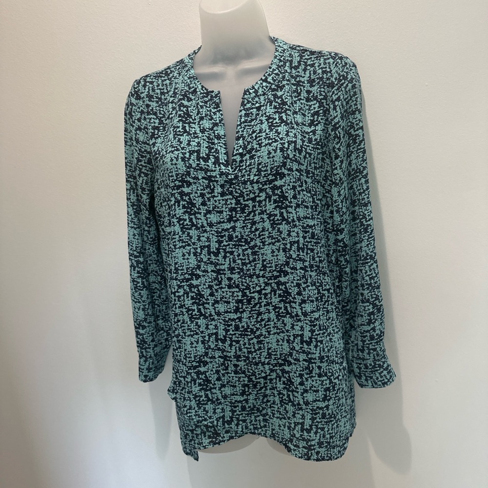 Pleione Black and Blue Long Sleeve Blouse with Mandarin Collar